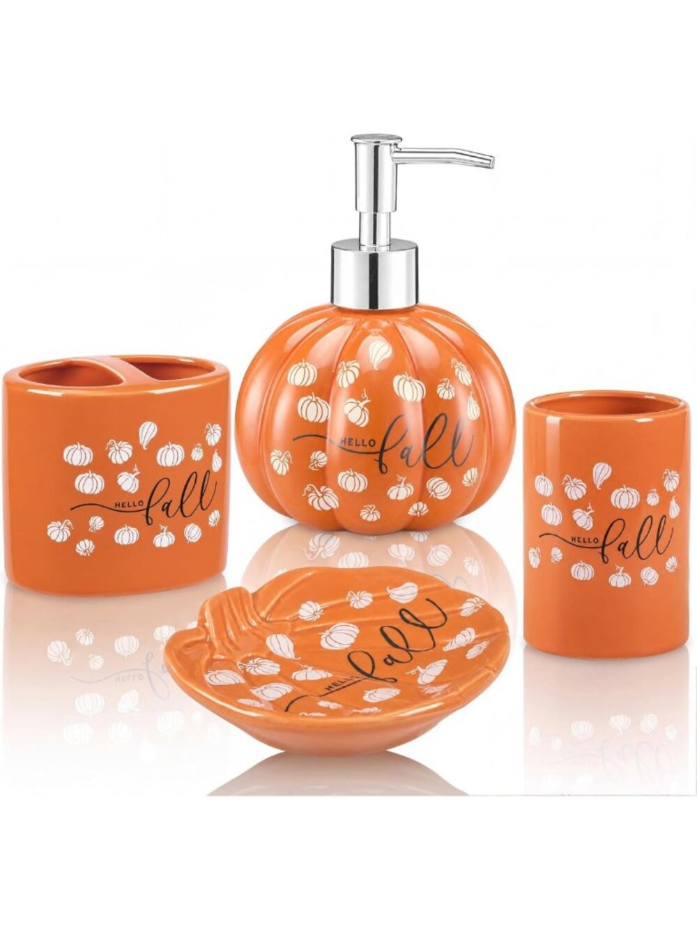 4-Piece Pumpkin Ceramic Bathroom Set - Fall Decor with Lotion Dispenser